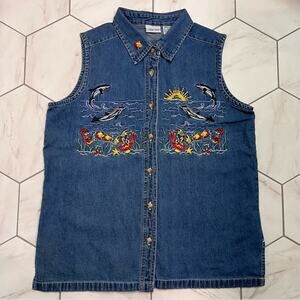 Cabin Creek Vintage Sleeveless Embroidered Button Front Denim Top Size Small
